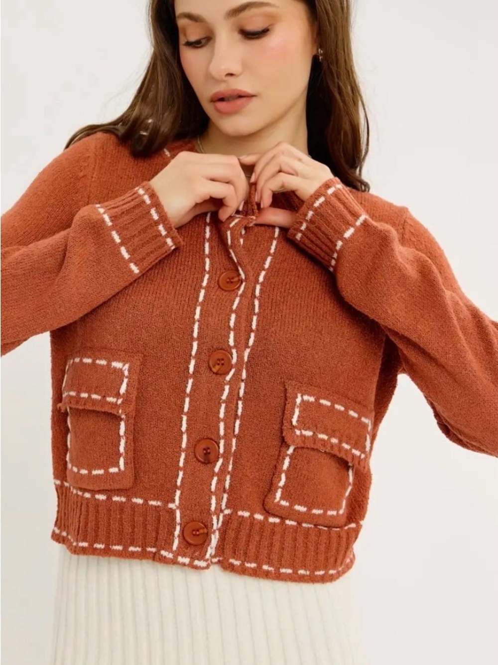 Women's Rust Teddy Jacket with Contrast Stitching